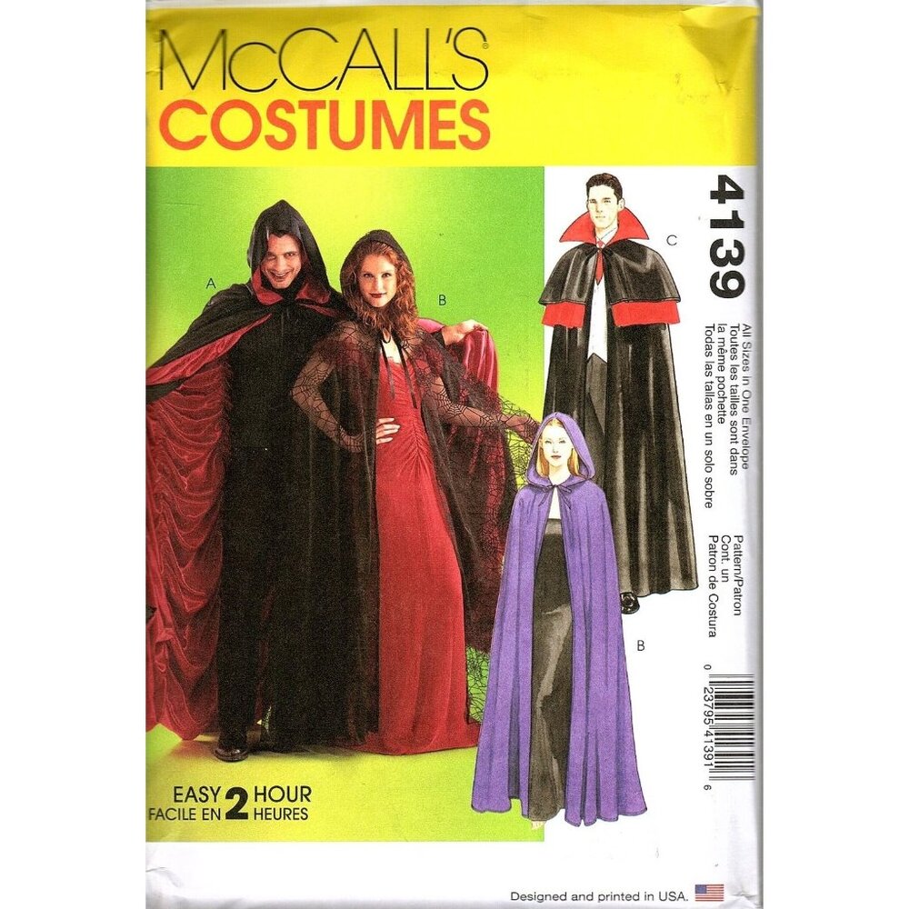 McCalls 4139 Unisex S to XL Capes and Cloaks Costume Uncut Sewing Pattern